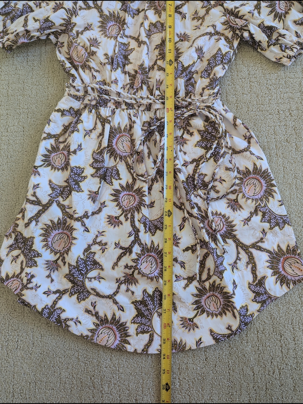 ALC Floral Mini Dress 6 Puff Sleeve Sunflower Waist Tie Cotton Poplin Boho - Picture 7 of 8